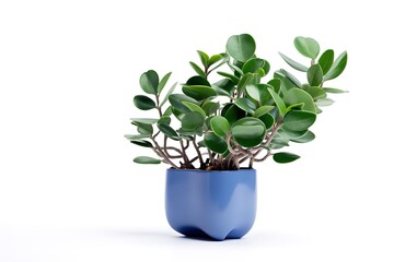 A vibrant peperomia obtusifolia plant in a modern blue ceramic pot on white background