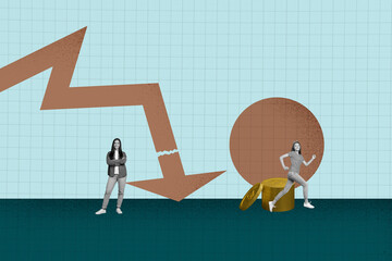 Exclusive composite photo collage of inexperienced businessman businesswoman stand arrow decline...