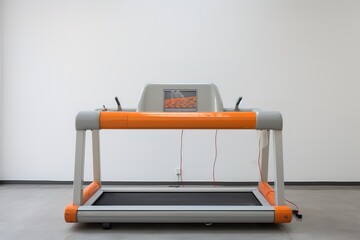 Modern fitness equipment treadmill with orange accents and lcd screen inside a clean space