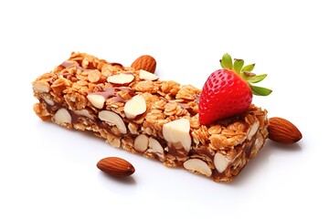 Delicious healthy granola bar with almonds and a fresh strawberry isolated on white background