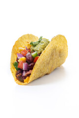 Vegan mexican Taco with beans ,guacamole ,tomato and vegetables isolated on White Background.