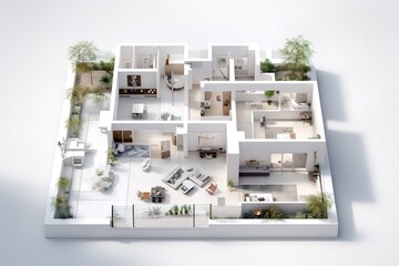 Modern architectural floor plan of a luxurious apartment with outdoor terrace and elegant furnishings