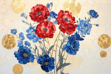 A vibrant bouquet of red and blue flowers on a light beige background.