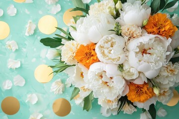 A bouquet of white peonies and orange marigolds.