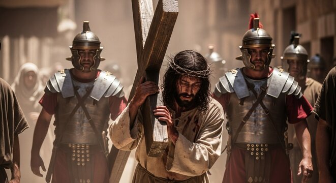 Jesus Christ carrying the cross, escorted by Roman soldiers through ancient streets
