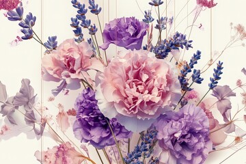Delicate arrangement of pastel pink and purple flowers and foliage.