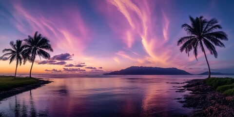 Stunning sunset over a tropical beach, vibrant colors reflecting on water with swaying palms.
