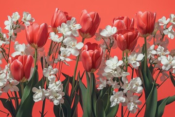 Vibrant arrangement of red tulips and white flowers against a coral backdrop.