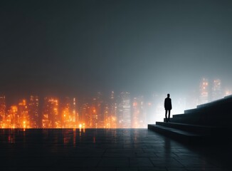 Businessman ascending stairs towards a futuristic cityscape at night, symbolizing ambition, progress, and the pursuit of success in the urban landscape