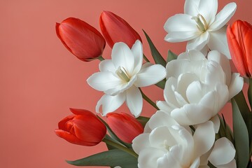 Close-up of a bouquet of red and white tulips.