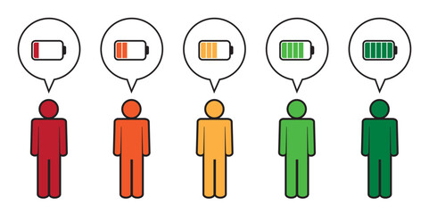 people with empty and fully charged battery pictogram isolated vector illustration