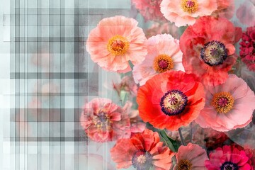 Colorful poppy flowers on a checkered background.
