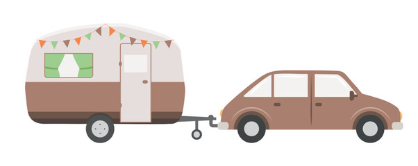 car with caravan camping adventure isolated vector illustration