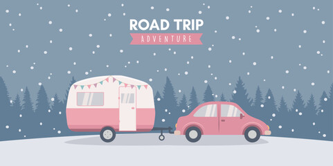road trip adventure caravan on snowy winter landscape vector illustration