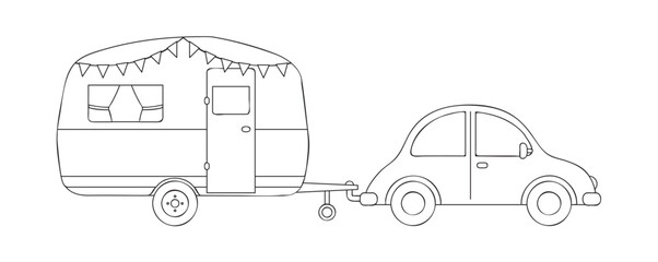 car with caravan camping design outline isolated vector illustration
