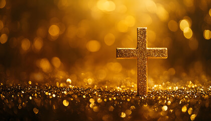beautiful gold bokeh background with a christian cross