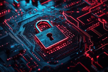 Padlock on a circuit board, illustrating security.