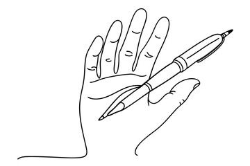 Continuous line drawing of a hand palm and fingers isolated on transparent background