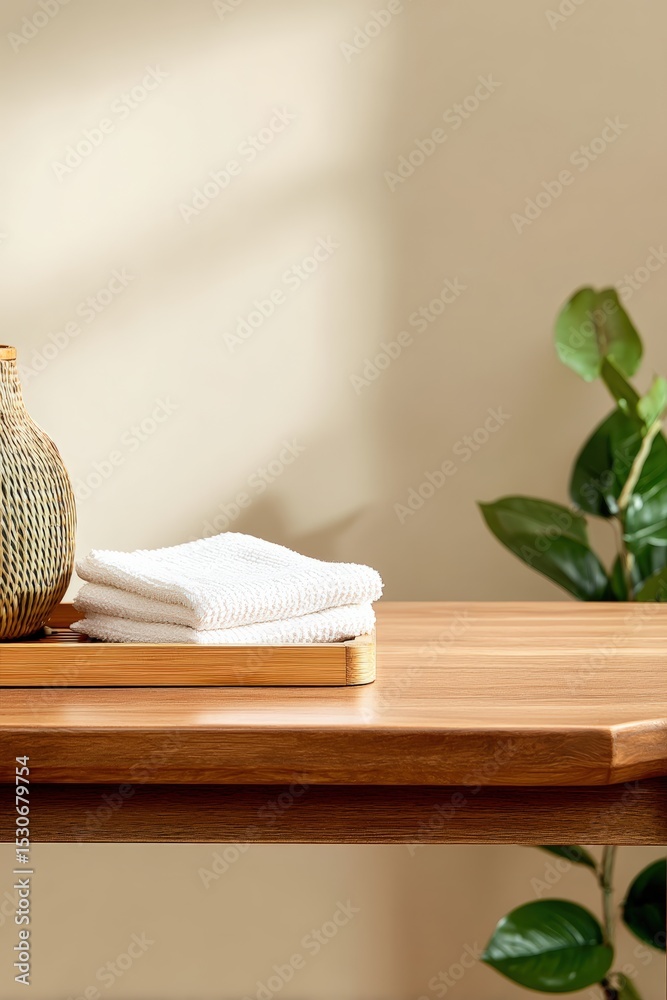 Poster soft white towels resting on a bamboo tray atop a polished wooden table create a tranquil spa like a
