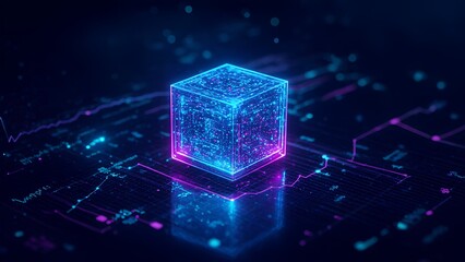 Futuristic Glowing Cube on Circuit Board representing advanced technology data processing artificial intelligence and quantum computing with vibrant blue and pink neon lights and a