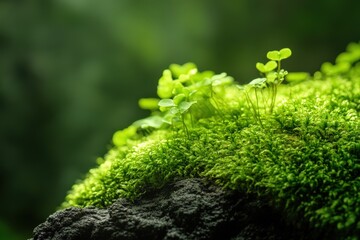 Close-up view of vibrant green moss and small plants.