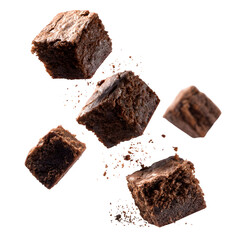 Pieces of chocolate brownies floating or falling in mid air isolated on white background simple stock clear photo colorful white picture concept realistic concept portrait clean clean concept high rea