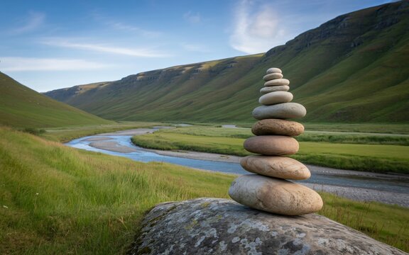 A perfectly balanced stack of smooth, flat stones is centered in the foreground against a backdrop of a lush green valley and winding river. 