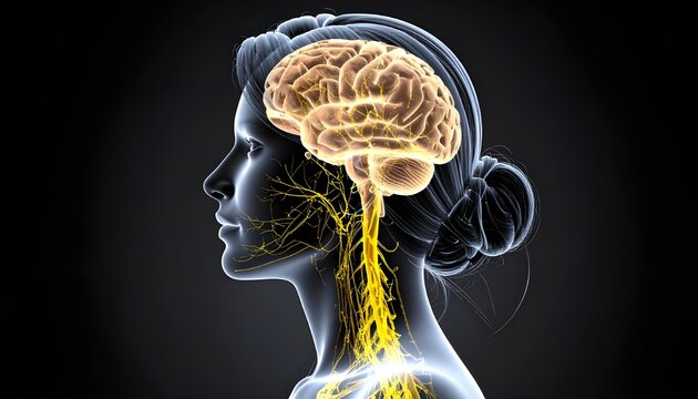 Woman's brain neural pathways and nerves related to polyvagal theroy. 