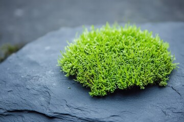Close-up of vibrant green moss on a dark stone surface.