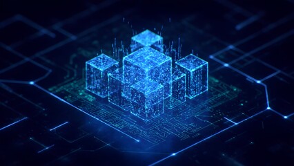 Abstract Technology Concept with Glowing Blue Cubes and Circuit Board Pattern Representing Data Processing Artificial Intelligence and Futuristic Computing in a Digital Network Environment