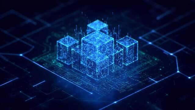 Abstract Technology Concept with Glowing Blue Cubes and Circuit Board Pattern Representing Data Processing Artificial Intelligence and Futuristic Computing in a Digital Network Environment