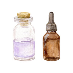 Watercolor hand drawn set with one bottle with a pipette inside, second bottle with essential oil. Essential oil. Aromatherapy. Can be used on fabrics and paper products and other. 