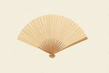 A light beige hand fan, seemingly made of paper or thin wood, with a simple tied wooden handle, is presented against a muted cream background