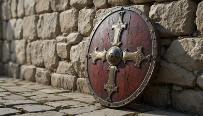Crusader shield leaning on stone wall