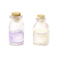 Watercolor hand drawn illustration set with two bottle with different essential oil. Essential oil. Aromatherapy. Can be used on fabrics and paper products and other. Make any compositions yourself 