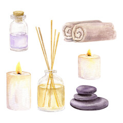 Watercolor hand drawn set of aroma candles, diffuser with essential oil, towels, stones and bottle with aroma oil. Aromatherapy. Can be used on fabrics and paper products and other. 