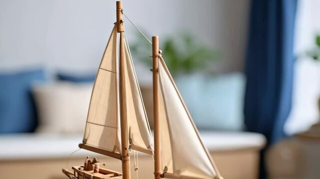 Close-up of a wooden sailboat model on a table in a bright, modern room with blue curtains and decorative vases by the window.