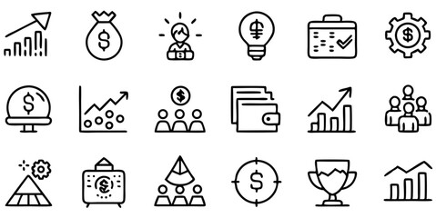 Wealth Management and Financial Planning Outline Icon Collection. Economy, Banking, Portfolio, Fund, Income, and Capital Elements. Vector Pack