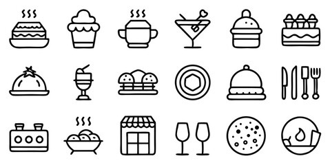 Culinary and Kitchen Outline Icon Collection. Delicious, Gourmet, Bistro, Cafe, Bakery, Cooking, and Serving Elements. Vector Pack