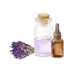 Watercolor hand drawn composition with two bottle with different essential oil and bouquet with lavender. Essential oil. Aromatherapy. Can be used on fabrics and paper products and other. Make any com