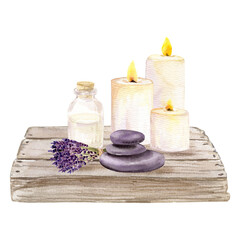 Watercolor composition with candles, bouquet with lavender, bottle with essential oil, stones on a wooden tabletop. Aromatherapy. Can be used on fabrics and paper products