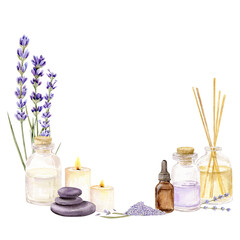 Watercolor hand drawn fame with aroma diffuser with essential oil, candle, stones and bottle with aroma oil and lavender. Aromatherapy. Can be used on fabrics and paper products and other