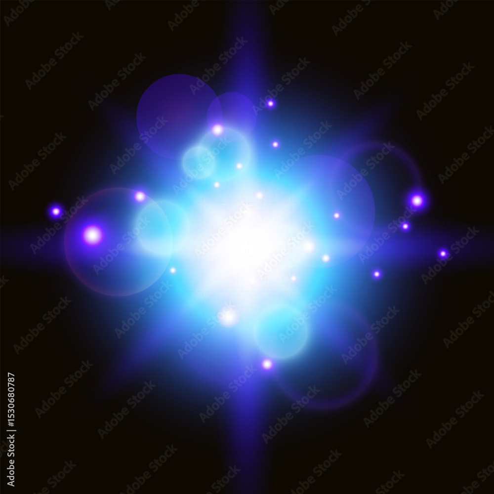 Poster radiant star explosion with lens flare and bokeh. blue color. vector illustration.