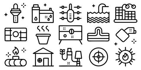 Manufacturing and Resource Management Outline Icon Collection. Power Plant, Climate Change, Renewable Energy, Oil, Chemical, and Production Elements. Vector Pack.