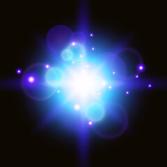 Radiant Star Explosion with Lens Flare and Bokeh. Blue color. Vector illustration.	