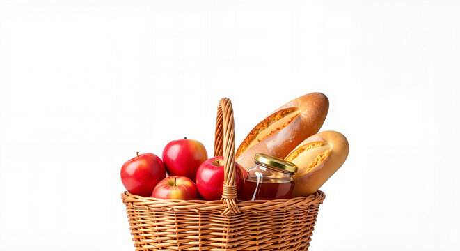 Fresh apples, baguettes, and a jar of honey in a woven basket   - Powered by Adobe