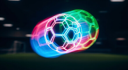 Dynamic Neon Soccer Ball With Glowing Light Effects on Green Field Blurred Background