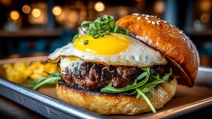 the image showcases a close up of an elaborate dish, centered around a substantial burger presented on a metal tray