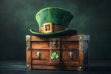 Green leprechaun hat with a buckle resting on a wooden chest with a clover.