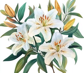 Fototapeta premium Watercolor painting of a bouquet of white lilies with green leaves and yellow buds. The flowers are depicted in a realistic style with fine details and soft colors.